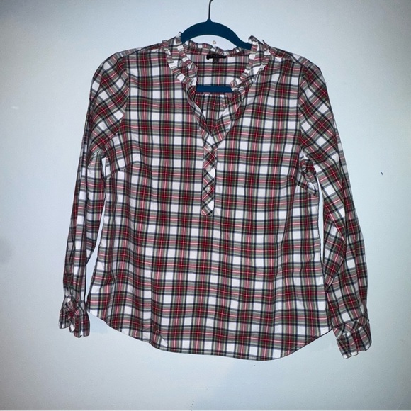Talbots RUFFLE TRIM POPOVER CELEBRATE PLAID medium petite‎ red green - Picture 1 of 5
